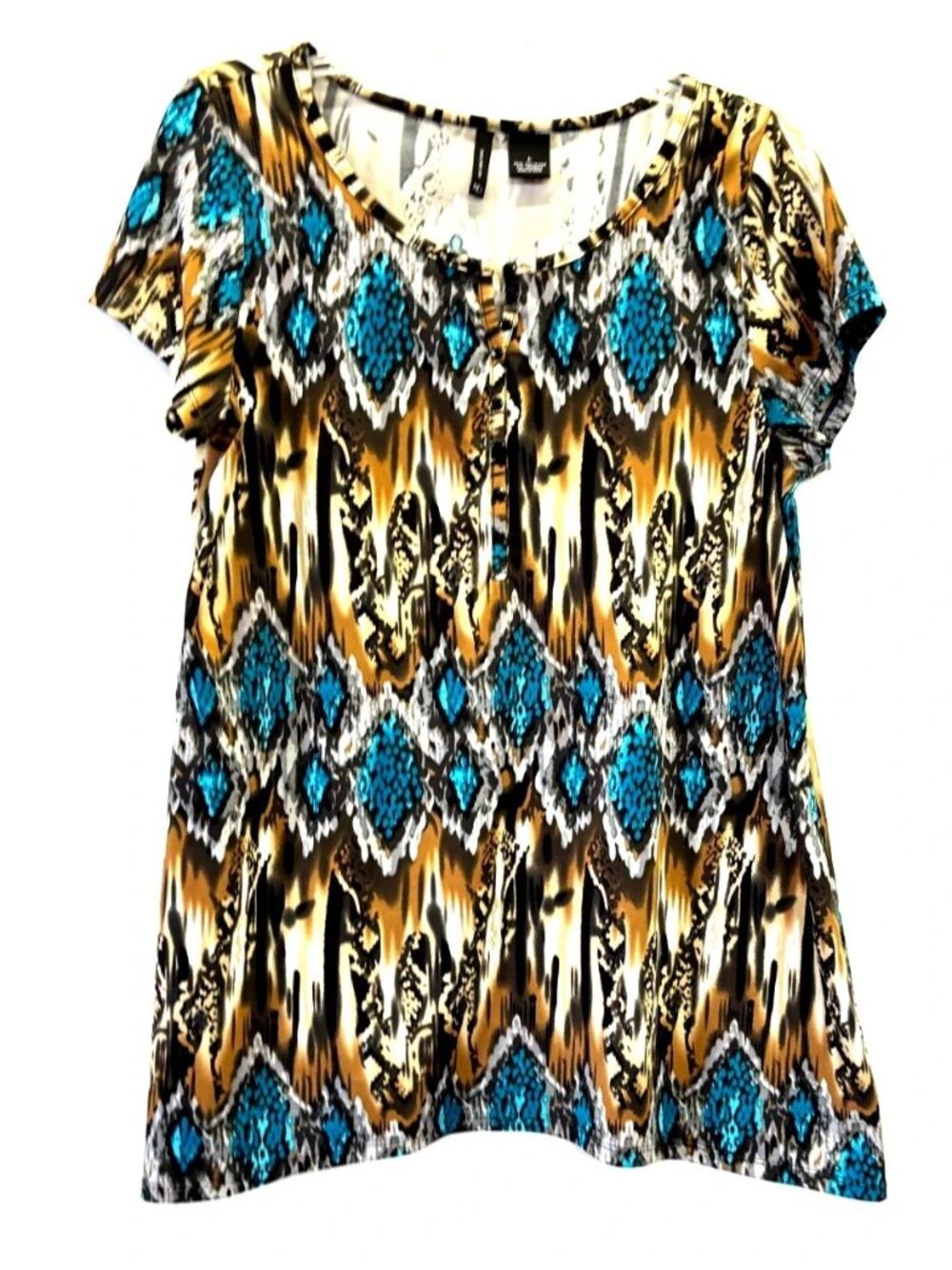 Women's Large Top Turquoise Black Brown Print by New Directions Short Sleeves